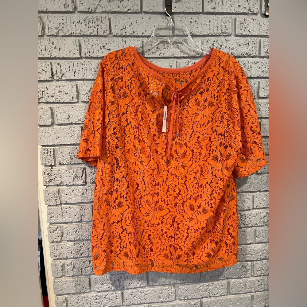 NWT  Chico’s Bright Orange Marmalade Floral Foiled Lace Short Sleeve Blouse XL - Picture 9 of 15
